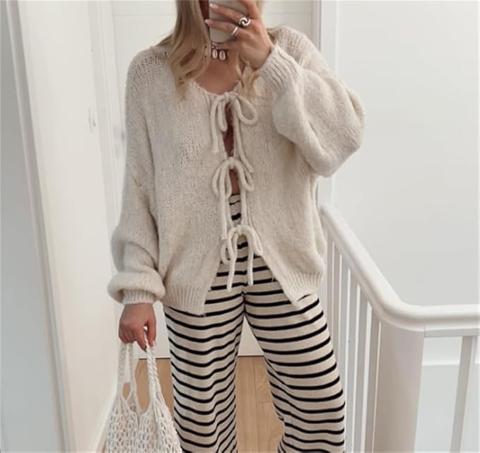 Image of Women Knitted Tie Front Cardigan Tops Casual Knitwear Top Long Sleeve Open Front Baggy Sweater Y2k Girls Outwear