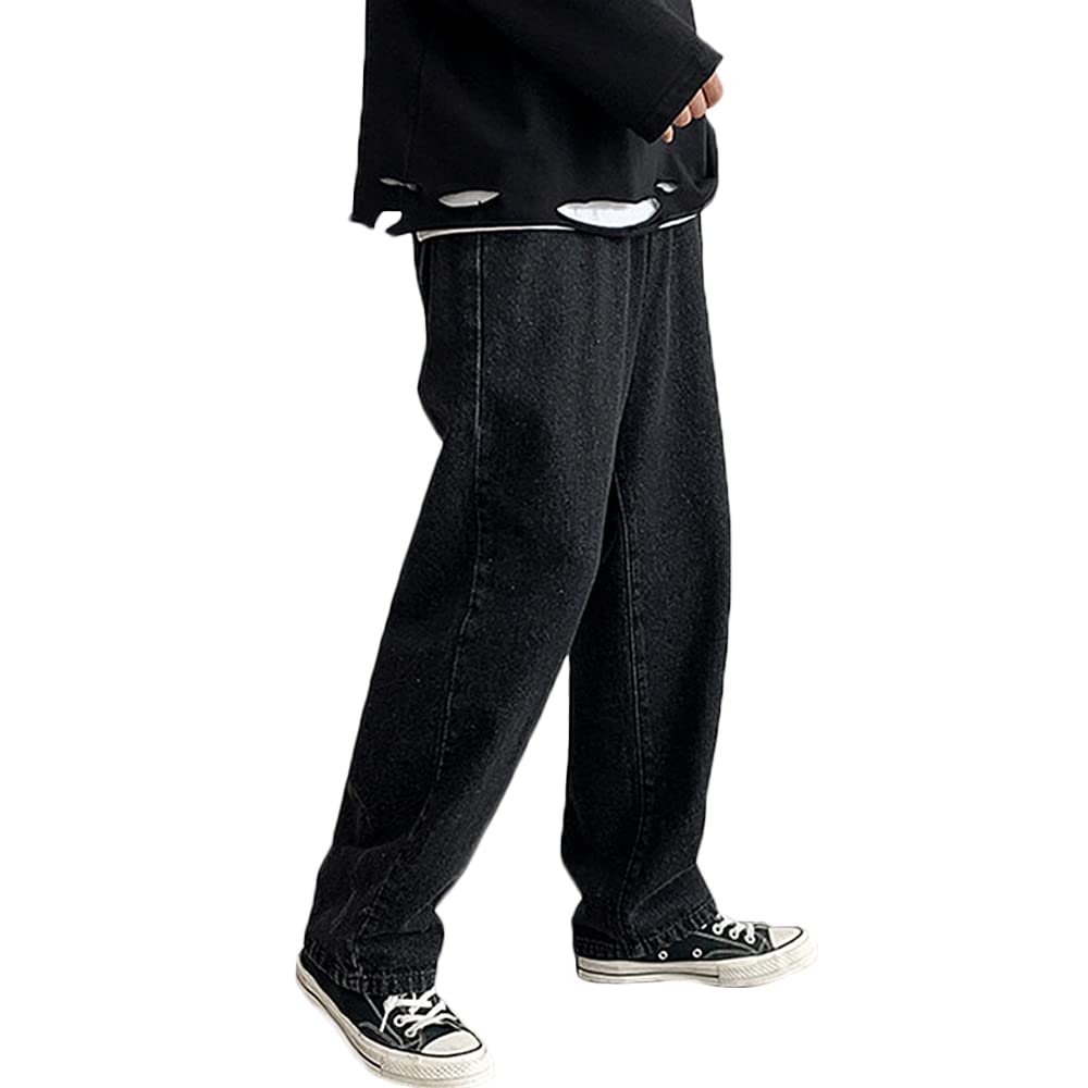 RexcyrilMen's Loose Fit Straight Leg Denim Jeans Baggy Wide Leg Plain Pants Trousers