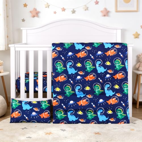 Image of JISEN 3 Piece Crib Bedding Set for Baby Boys Girls Space Dinosaurs Blue | Soft Breathable Microfiber, Crib Comforter Set with Comforter, Sheet, Pillowcase, Standard Size, Baby Nursery, Shower Gift