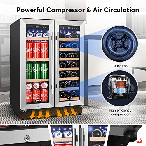 Image of Tylza 24 inch Dual Zone Wine and Beverage Cooler Quiet Compressor | Dual zone, quiet <38dB, fast cool, smart touch, temp memory, built-in /free, 20 wine+88 cans