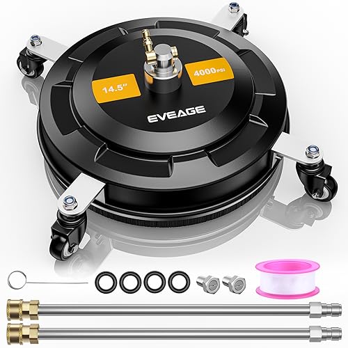 EVEAGE 14.5' Pressure Washer Surface Cleaner,Stainless Steel Pressure Washer Accessories 4 Weels & 1/4' Quick Connector,4000 PSI Power Washer for Driveway (Black, 14.5inch)