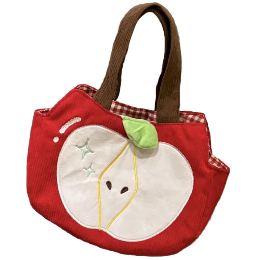 Sslvya Cartoon Apples Corduroy Totes Bag Large Capacity Shoulder Bag Handbag Casual Hobo Bag for Daily Work Shopping
