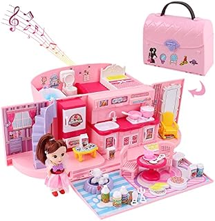 deAO Childrens 2-In-1 Pink Portable Doll House Play Set with Light and Music Functions, Accessories, Carry Case and Doll  Great Gift for Kids