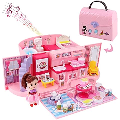 deAO Children’s 2-In-1 Pink Portable Doll House Play Set with Light and Music Functions, Accessories, Carry Case - Great Gift for Kids Cover