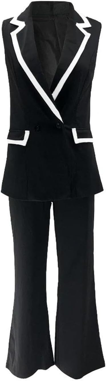 Women Sleeveless Turn-Down Collar Slim Blazer Patchwork Trousers Office Two Piece Suit Sets