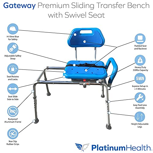 Platinum Health Gateway Premium Sliding Bath Transfer Bench with Swivel Seat-Padded (Blue)