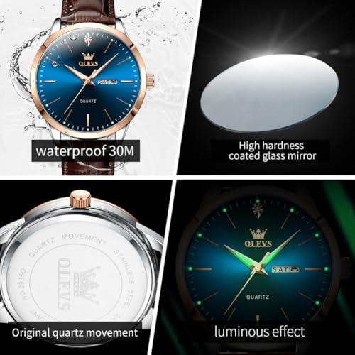 Image of OLEVS Men Watches Dress Waterproof Leather Band Classic Large Face Luxury Watches for Men Casual Fashioned Nice Analog Watch Men Day Date Easy Reader Quartz Original Business Adjustable Watches Men