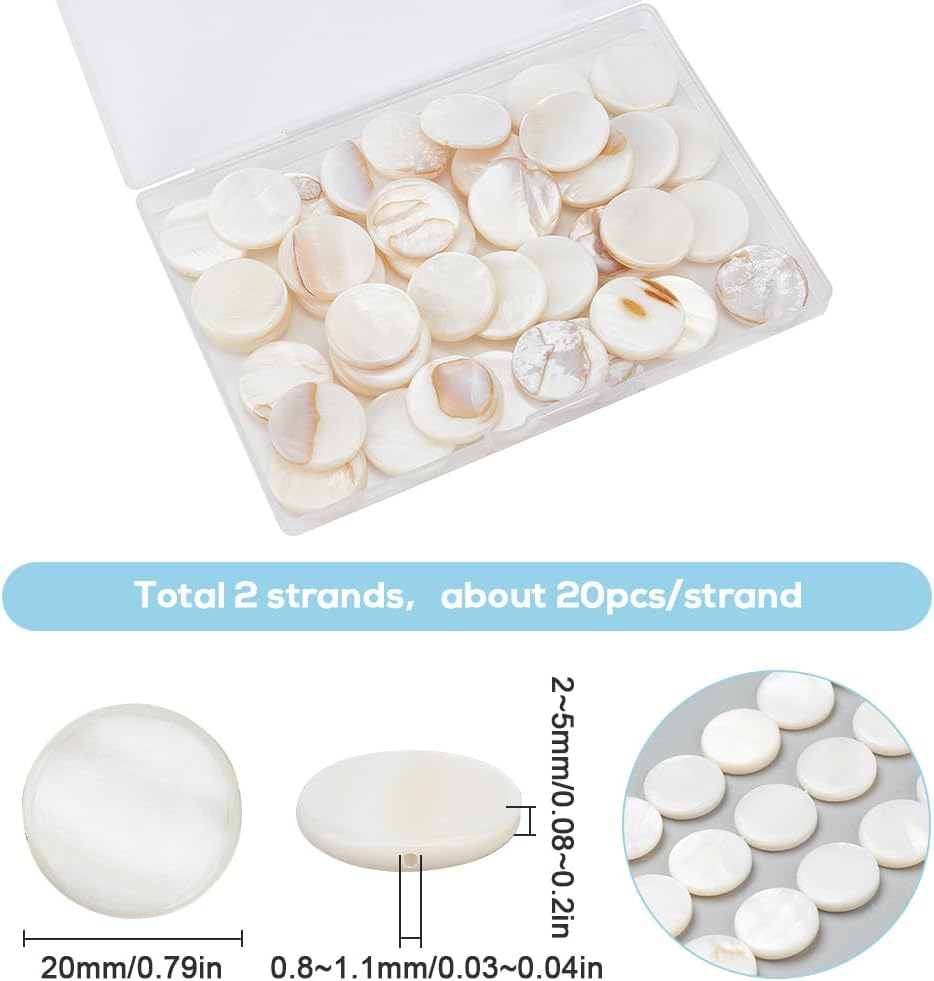 SUNNYCLUE 1 Box 40Pcs 20mm Flat Shell Beads Mother of Pearl Charms Natural Hawaii Style Round Freshwater Shells Coin Beads for Jewelry Making Necklace Bracelet Crafts Christmas Wedding Women Beginners - Image 2