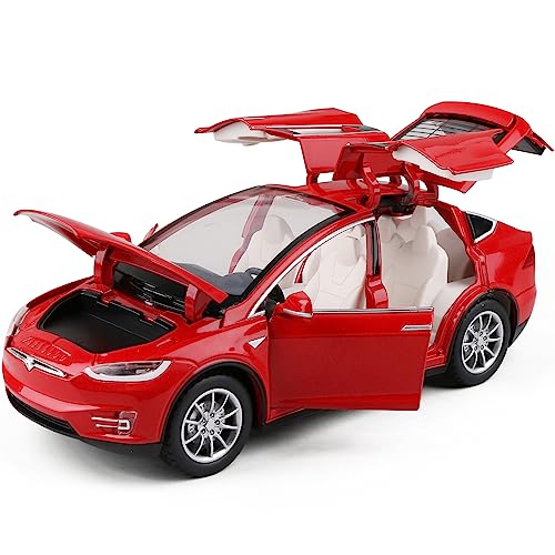 JIAYEMODEL 1:24 Diecast Model Car for Tesla Model X, Complete with Lights and Simulation of Sound. This Decorative Alloy Mini Vehicle is a Unique Gift for Your Loves or Young. (RED)