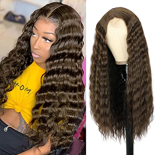 PORSMEER Perrücke Frauen Dunkelbraune Lang Gewellt Locken Natürlich/Für Damen Afro Middle Part Lace Front Wigs Alltag Cosplay Kostümparty Halloween Karneval Cover