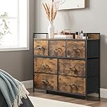 SONGMICS Chest of Drawers, Bedroom Cabinet, 7 Fabric Drawers with Handles, Metal Frame, Rustic Brown and Ink Black LTS137B01