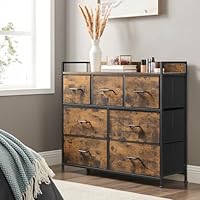SONGMICS Chest of Drawers, Bedroom Cabinet, 7 Fabric Drawers with Handles, Metal Frame, Rustic Brown and Ink Black LTS137B01