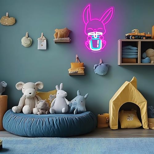 Image of Rabbit Drinking Milk Tea Neon Sign Easter Rabbit Neon Sign for Wall Decor Dimmable Led Pink Bunny Neon Lights USB Power Animal LED Sign for Home Decor for Bedroom Restaurant Easter Gifts