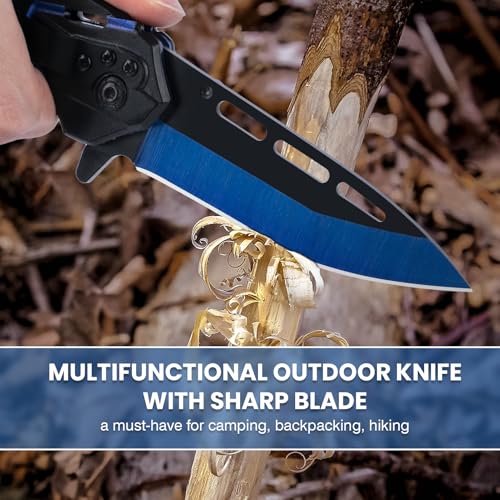 Image of FUNBRO Cool Pocket Knife for Men, Camping Knife with 3.4 inch Stainless Steel Blade, EDC Folding Knives with Clip for Outdoor Hiking, Gifts for Him Dad Husband (Blue)