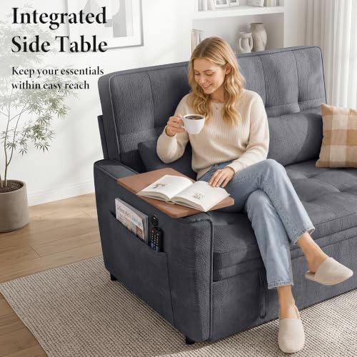 Image of Dreamzie 54'' Convertible Sleeper Sofa Bed with Swivel Side Table, Chenille Pull Out Couch for Living Room, Loveseat Sleeper Couch with Side Pocket | Charging Port | Cup Holder, Dark Grey