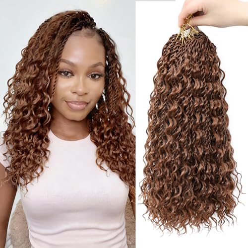 14 Inch 8 Packs Boho Island Twist Crochet Braids Senegalese Twist Crochet Hair with Curls Pre-Looped Brown Bohemian Curly Ends Goddess Twist Braids for Women 30#