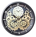 Hnycinj Industrial Wall Clock, Non-Ticking Vintage Moving Gear Battery Operated Antique Steampunk Decor Metal Clock for Living Room, Farmhouse, Home Kitchen (Gold-Black, 18 Inch)