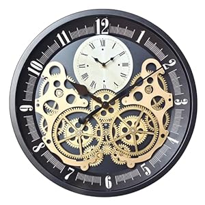 Industrial Wall Clock, Non-Ticking Vintage Real Moving Gear Battery Operated Original Antique Steampunk Decor Metal Clock for Living Room, Farmhouse, Home Kitchen (Gold-Black, 18 Inch)