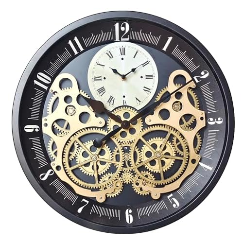 Industrial Wall Clock, Non-Ticking Vintage Real Moving Gear Battery Operated Original Antique Steampunk Decor Metal Clock for Living Room, Farmhouse, Home Kitchen (Gold-Black, 18 Inch)