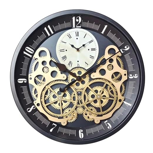 Industrial Wall Clock, Non-Ticking Vintage Moving Gear Battery Operated Original Antique Steampunk Decor Metal Clock for Living Room, Farmhouse, Home Kitchen (Gold-Black, 18 Inch)