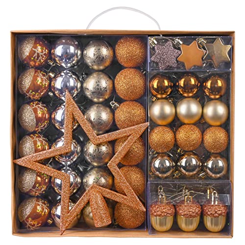 Valery Madelyn 60pcs Boules de Noël, Cuivré, Doré et d'argent, Décoration de Boules avec Étoile pour Décor d'arbre de Noël, Décoration à Suspendre pour Sapin de Noël, Cadeau Emballé de Papier Kraft Cover