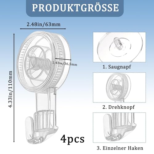 MigWoo 4 Stück Saugnapf Haken Ohne Bohren, Saugnapfhaken, Transparent Abnehmbar Saughaken Extra Stark Max 5KG, Saugnäpfe mit Haken für Dusche, Badezimmer, KüChe, Fenster, Kranz