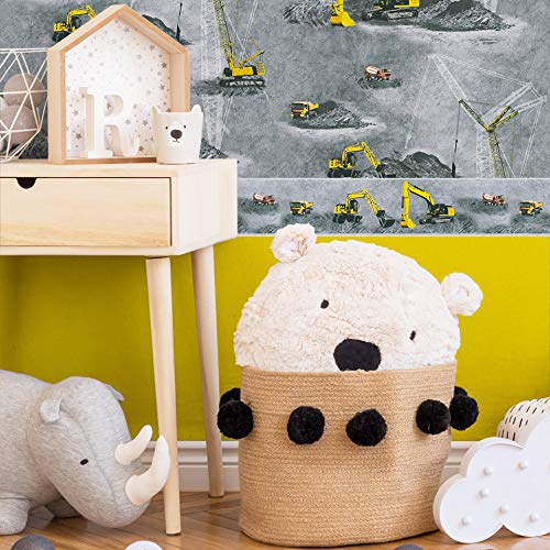 #patterned.wallpaper sin pvc habitación infantil papel pintado de pared papel pintado de pared no tejido + borde a juego excavadora coche foto de pared grúa obra creativo sala de juegos