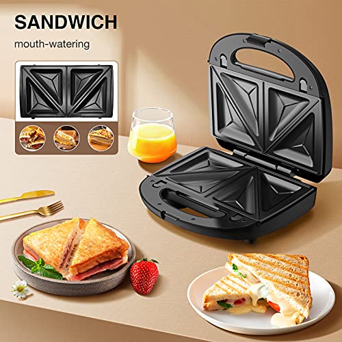 Sandwich Maker, Waffle Maker, Sandwich Grill, 3-in-1 Removable Non-Stick Plates, Grill Cheese, Food Grade Premium Stainless Steel, Suitable for Breakfast, Lunch, Snacks, 750W, Black - Thumbnail 3
