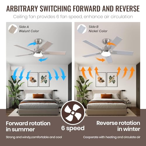 Image of 42 Inch Brushed Nickel Ceiling Fans with Lights and Remote, LED Ceiling Fan