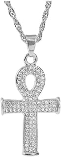 COLORFUL BLING Ankh Egyptian Cross Pendant Necklace 14K Gold Plated Cubic Zirconia Iced Out with Crystal 24 Inches Brass Rope Chain for Men and Women