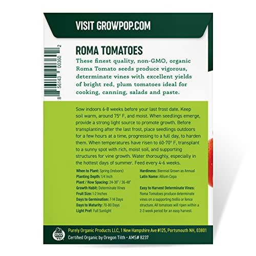 Organic Tomato Seeds (Roma) - Approx 75 Seeds - USDA Organic, Non-GMO, Open Pollinated, Heirloom, USA Origin