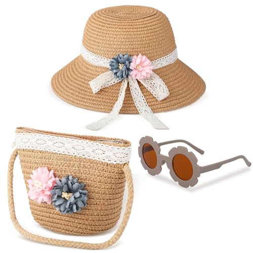 Xtinmee 3 Pcs Summer Hat Bag Sunglasses Set Straw Hat Pocket Bag Flower Round Sunglasses for Kids Activities Outdoor