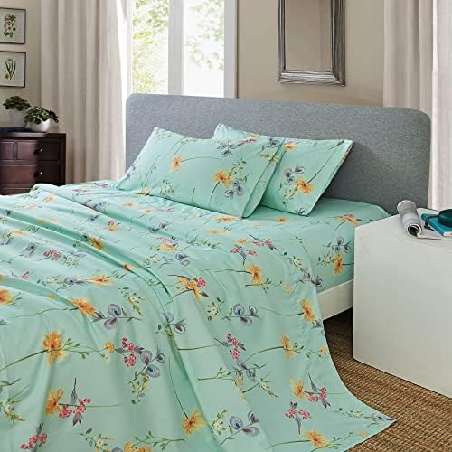 JSD Green Floral Printed Sheet Set Queen, 4 Piece Soft Brushed ...
