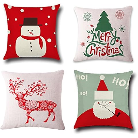 Christmas Pillow Covers 4 Pack,BPFY Print Snowman,Christmas Tree,Christmas Deer,Santa Claus, Merry Christmas Decorative Sofa Throw Pillow Case Cushion Covers 18 X 18 Inch,Polyester Satin Fabric Cover