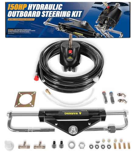 Camoo 150HP Hydraulic Outboard Steering Kit Boat Marine System, Built-in Two-Way Lock Cylinder, 26ft High-Strength Nylon Hose for for Single-Engine Use Only