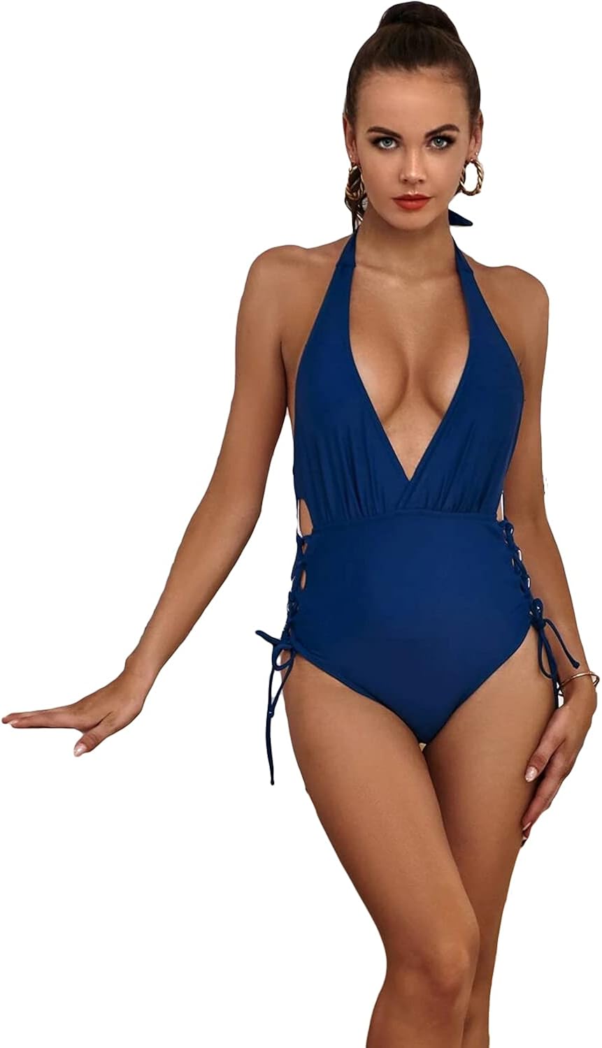 Women's Bikini Laceup Side Plunging One Piece Swimsuit Blue L Size
