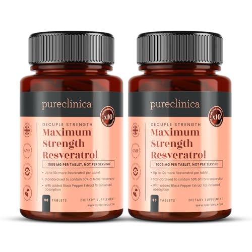 pureclinica 1000mg Resveratrol x 180 Tablets (2 Bottles of 90 Tablets Each - 6 Months Supply). 10 x Strength and with Black Pepper Extract for Faster Absorption