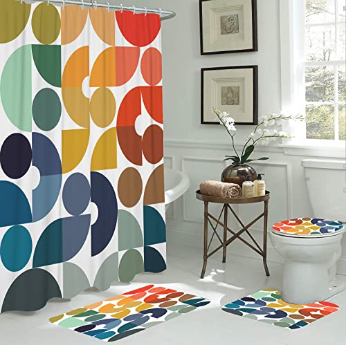Zokyer Kids Shower Curtain Set Colorful Rainbow Mid Century Retro Polka Dot Orange Fun Geometric Blue Abstract Bright Bathroom Decor With Non-Slip Rugs Toilet Lid Cover U Shape Mat 12 Hooks (60Wx72L) #TOP1