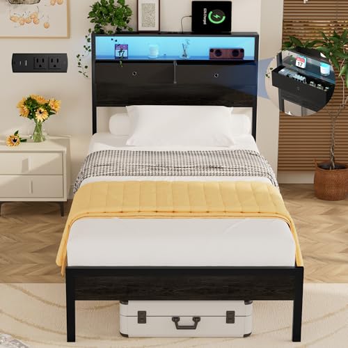 Twin Bed Frames with LED Lights and Charging Station, Twin Size Platform Bed with Metal Slats, Wood Headboard with 2 Fabric Drawers and Storage Shelves, No Box Spring Needed, Black