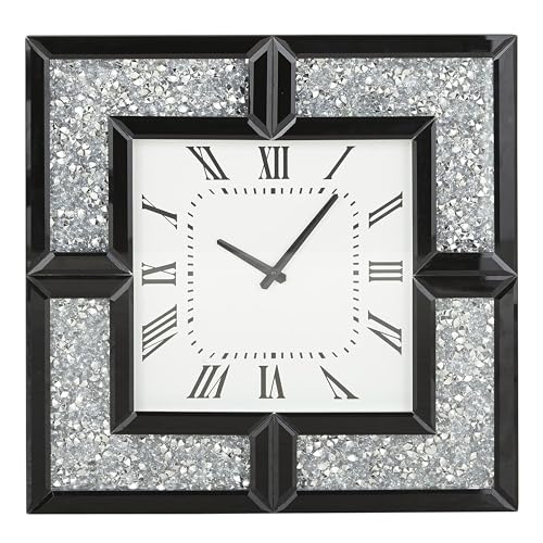 Deco 79 Wood Mirrored Wall Clock with Floating Crystals, 20 x 2 x 20, Black