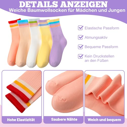 Utensilsto 5 Paar Tennissocken für Mädchen 33-37 Sportsocken Kinder Baumwolle Socken Bunte lustige Socken Neuartige Tennis Socken Geschenke für Jungen und Mädchen(Lila+Orange+Erdiges Gelb+Gelb+Weiß)