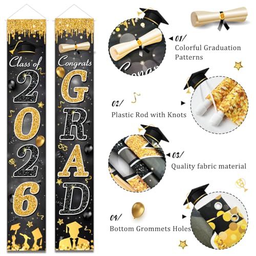 Image of Black and Gold Graduation Decorations Class of 2026 Congrats Grad Banner and You Did It Door Cover for High School College Grad Party Supplies(Black)