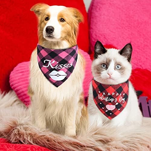Valentine's day Dog Bandana, 2 Pcs Classic Plaid Cotton Triangle Dog Bibs, Adjustable Cat Bandana Scarf Dog Neckerchief, Valentine's Pet Costume Bandanas Accessories for Puppy Small Medium Large
