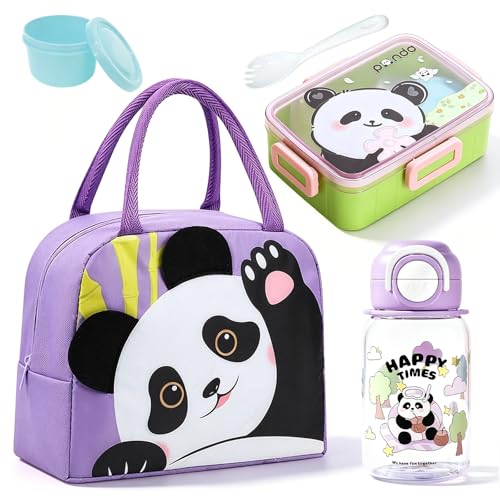 Set panda fiambrera bento con botella reutilizable y bolsa térmica almuerzo 2