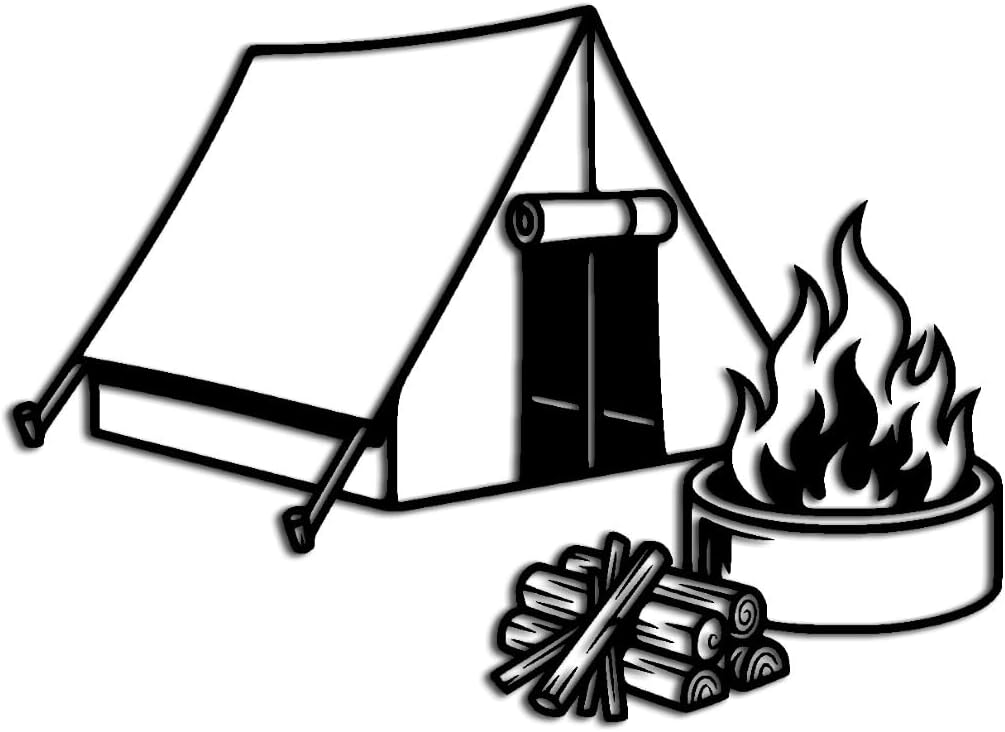 Camping Tent and Campfire Metal Wall Art Decor Outdoor Decor Modern Minimalist Aesthetic Metal Signs Whimsical Trendy Wall Decor for Living Room and Office Space (Black,12inch)