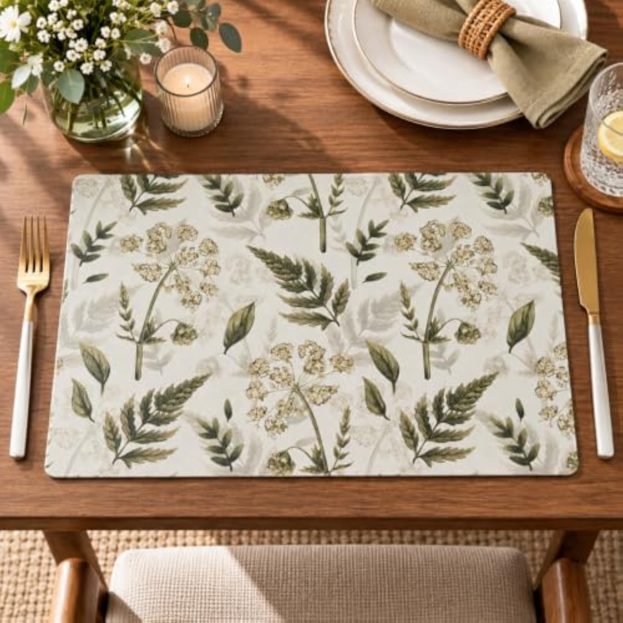 Floral Vegan Leather Dining Table Mats Set of 6