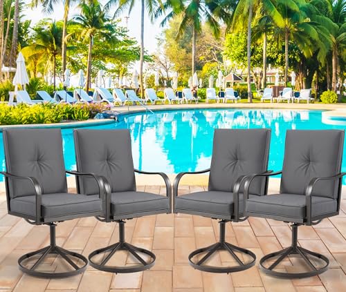 GOOGIC Patio Swivel Chair Set of 4, Heavy Duty Outdoor Dining Chairs with Thickened Cushions, Metal Patio Chairs Gentle Rocker for Outside, Garden Lawn & Porch Backyard, Grey