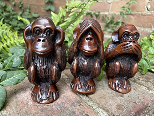 Blue Orchid 3 Wise Monkeys Statues- See No Evil - Hear No Evil - Say No Evil - Resin Figurines - Set Of 3 Ape Feng Shui Sculptures 4.5" (Amber Brown) #TOP1