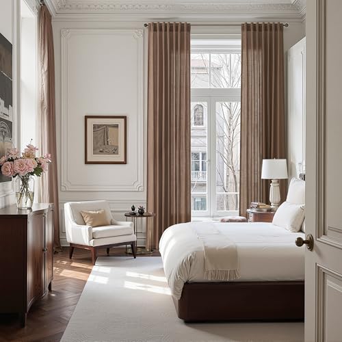 Image of Nanspring Extra Long Linen Curtains 144 Inch for Living Room Caramel Brown