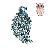 Rhinestone Peacock Brooch Pin, Handmade Exquisite Exaggerated Jewelry Big Blue Green Crystal Bird An